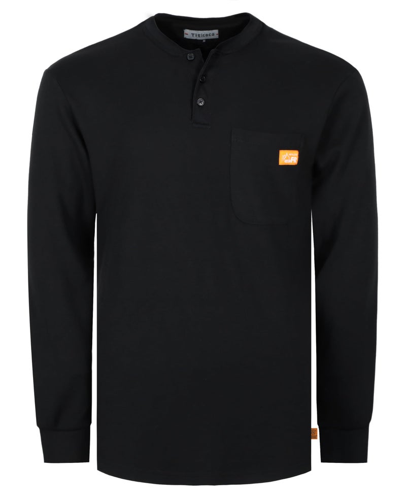 Titicaca FR Pocket Henley 7OZ 100% Cotton Flame Resistant Henley Style Black Long Sleeve T-Shirts - Image 1